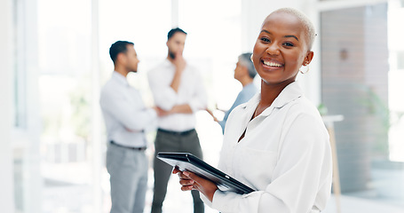 Image showing Face, corporate and black woman with tablet, smile and digital marketing for sales growth, goals and workplace. Portrait, African American female employee or leader with happiness and online schedule