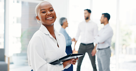 Image showing Face, corporate and black woman with tablet, smile and digital marketing for sales growth, goals and workplace. Portrait, African American female employee or leader with happiness and online schedule