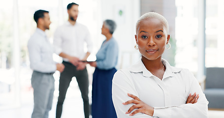 Image showing Face of a business black woman proud and happy with company values, mission and inclusion culture in office. Workplace, corporate and smile of african employee or worker vision, goals and laughing