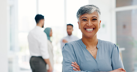 Image showing Face of a senior business woman proud and happy with company values, mission and inclusion culture in office. Workplace, corporate and smile of manager, employee or worker vision, goals and laughing