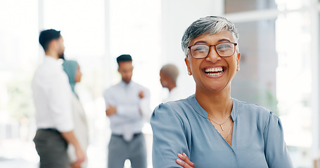 Image showing Face of a senior business woman proud and happy with company values, mission and inclusion culture in office. Workplace, corporate and smile of manager, employee or worker vision, goals and laughing