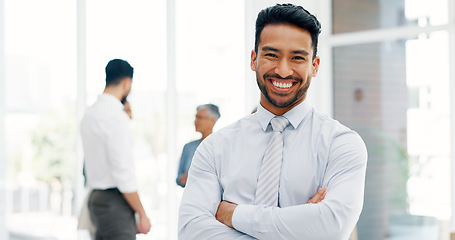 Image showing Corporate, face or Asian man arms crossed in workplace, smile or leader for brand development, sales growth or project success. Male employee, ceo or manager with happiness, business or collaboration