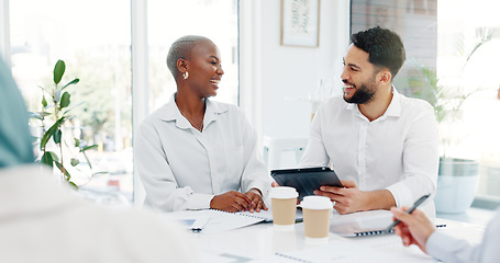 Image showing Tablet, collaboration or business people high five in office for marketing strategy, web SEO growth or research success. Teamwork, diversity or happy on tech planning, social media or network blog