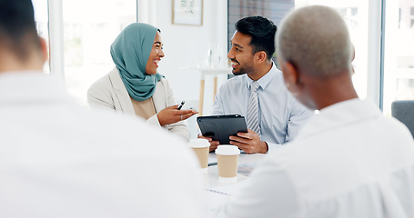 Image showing Research, diversity or business people on laptop in office for marketing strategy, web SEO growth or business meeting. Teamwork, happy or collaboration on tech planning, social media or network blog