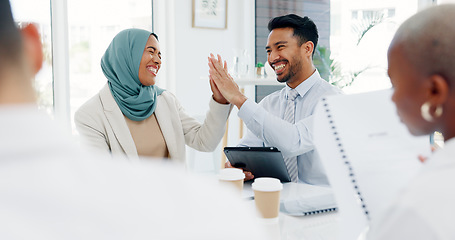 Image showing Tablet, collaboration or business people high five in office for marketing strategy, web SEO growth or research success. Teamwork, diversity or happy on tech planning, social media or network blog