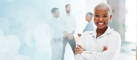 Image showing Face of a business black woman proud and happy with company values, mission and inclusion culture in office. Workplace, corporate and smile of african employee or worker vision, goals and laughing