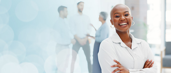 Image showing Face of a business black woman proud and happy with company values, mission and inclusion culture in office. Workplace, corporate and smile of african employee or worker vision, goals and laughing