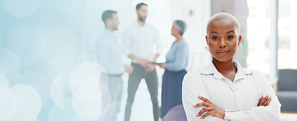 Image showing Face of a business black woman proud and happy with company values, mission and inclusion culture in office. Workplace, corporate and smile of african employee or worker vision, goals and laughing