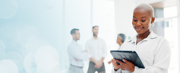 Image showing Tablet, research and planning with a business black woman at work on an innovation idea in an office. Marketing, data or calendar with a female employee checking her schedule using an internet search