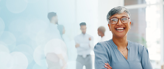 Image showing Face of a senior business woman proud and happy with company values, mission and inclusion culture in office. Workplace, corporate and smile of manager, employee or worker vision, goals and laughing