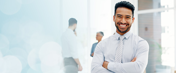 Image showing Corporate, face or Asian man arms crossed in workplace, smile or leader for brand development, sales growth or project success. Male employee, ceo or manager with happiness, business or collaboration