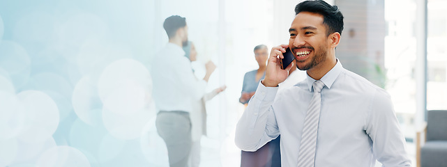 Image showing Businessman, communication and phone call with mobile networking at financial advisory startup company. Conversation, b2b and business man consulting on smartphone, talking and standing in office.