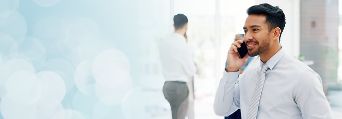 Image showing Businessman, communication and phone call with mobile networking at financial advisory startup company. Conversation, b2b and business man consulting on smartphone, talking and standing in office.