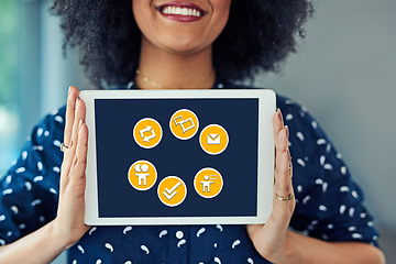 Image showing Hands, tablet and social media icons on mockup for global communication, share or email in advertising. Hand of black woman holding touchscreen with software symbols on screen display for marketing