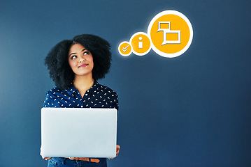 Image showing Black woman, laptop and thinking for communication, social media or information share on mockup. African American female wondering icons in thought on computer for networking or market advertising