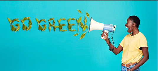 Image showing Go green, protest and black man with megaphone, sustainability and against blue studio background. African American male, protester and activist with bullhorn, earth protection and global warming