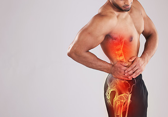Image showing Mockup, health and man with pain, side and fitness with muscle tension, inflammation and broken bone on grey studio background. Male, guy and athlete with injury, accident and emergency on backdrop
