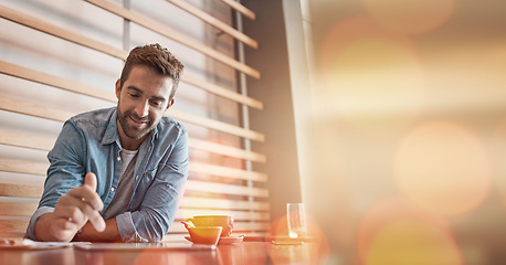 Image showing Creative businessman, tablet and coffee with bokeh for marketing, advertising or social media at cafe. Male freelancer working on touchscreen for online networking, wifi or startup on overlay mockup