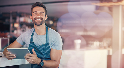 Image showing Cafe barista man, tablet and copy space for portrait, mockup by bokeh for service, analysis or work. Small business owner, restaurant and focus with career vision, hospitality and smile for mock up