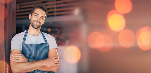 Image showing Small business, coffee shop owner and portrait of man with mockup and confident smile in restaurant startup advertising. Success, happy manager or cafe barista with bokeh, apron and service mindset.