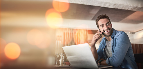 Image showing Phone call, laptop and man in coffee shop for remote work, client contact and online connection. Communication, business mockup and freelance male talking, networking and conversation on smartphone