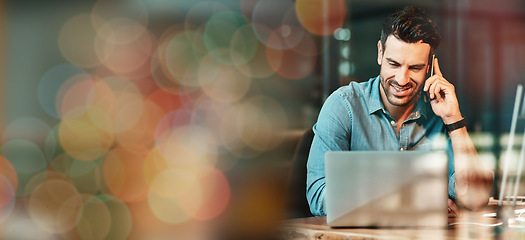 Image showing Laptop, phone call and man in coffee shop for remote work, client contact and online connection. Communication, business mockup and freelance male talking, networking and conversation on smartphone