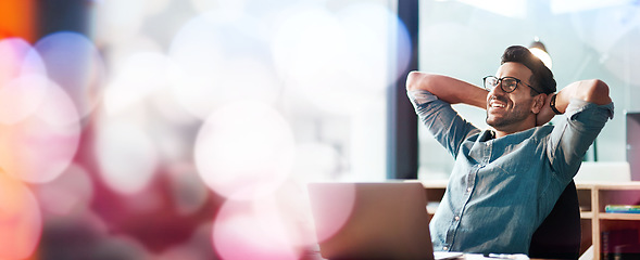 Image showing Laptop, remote work and man relax in cafe after working on report, writing email and copywriting. Freelance mockup, business and happy male resting with relief finish, complete and done with project