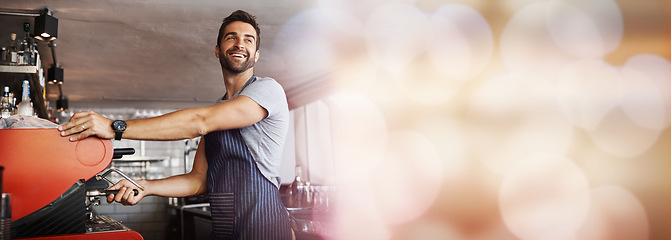 Image showing Small business, barista and coffee shop owner in mockup, man with confident smile in restaurant startup. Success, happy manager or cafe employee with bokeh, apron and espresso machine in service.