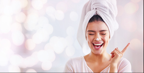 Image showing Woman, face cream and mockup banner, bokeh background and advertising skincare product for wellness. Happy female, towel and facial lotion for aesthetic makeup, beauty or salon smile on mock up space