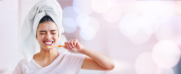 Image showing Woman, brushing teeth and smile by copy space mockup, bokeh and happiness for dental wellness. Gen z girl, toothbrush and mock up for happiness, start morning and healthy mouth in bathroom