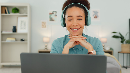 Image showing Video call, laptop and wave, black woman with headphones and smile talking online in office. Technology, communication and connection for webinar, advice and networking for freelance advisory job.