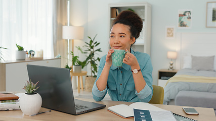 Image showing Woman, coffee and remote work from home consultant enjoy cup of tea, beverage and drink in house, apartment and room. Happy girl, freelancer and drinking coffee while working on laptop blog online