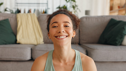 Image showing Happy, meditation breathing and face of a woman with peace, relax and zen smile in a house for balance. Wellness, mind and portrait of a girl with spiritual faith and calm during mindset exercise