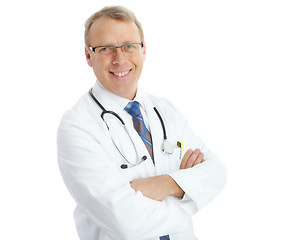 Image showing Portrait, doctor and man with arms crossed in studio isolated on a white background. Face, healthcare wellness and smile of happy, confident and mature male medical worker or physician from Canada.