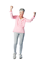 Image showing Senior woman, fitness celebration and winner portrait with hands emoji for health in studio. Wellness of strong old female isolated on a white background for exercise, energy and healthy lifestyle