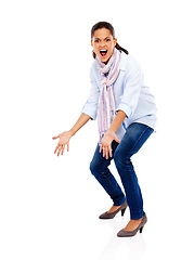 Image showing Angry, scream and portrait of a woman with stress screaming about work isolated. White background, model hands and employee frustrated and standing with anger gesture and studio mockup