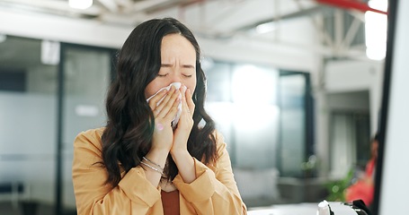 Image showing Blowing nose, tissue and woman sick with flu, cold or covid virus infection while working on creative ux web design. Medical healthcare, sneeze and Asian employee ill with winter sickness or allergy