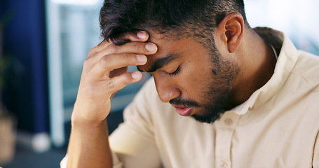 Image showing Stress, headache and tired businessman in the office with a burnout working on a project with a deadline. Exhausted, fatigue and overworked professional male employee planning report with frustration