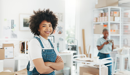 Image showing Employee portrait, happy business and black woman with smile at startup advertising company with mock up. Face of African worker, designer or girl working in marketing office with mockup space