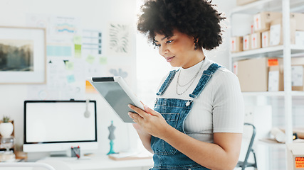 Image showing Delivery, ecommerce and tablet with woman in warehouse with business checklist for logistics, online shopping and storage inventory. Shipping, cargo and supply chain with employee in store factory