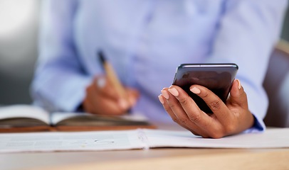 Image showing Hands, phone or writing in notebook of budget results, company finance or insurance accounting in business office. Zoom, black woman or mobile technology for financial worker, tax schedule or fintech