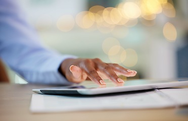 Image showing Black woman, fingers or tablet of financial business growth, savings data analytics or investment research management. Zoom, worker or employee hands on technology for finance budget review or future