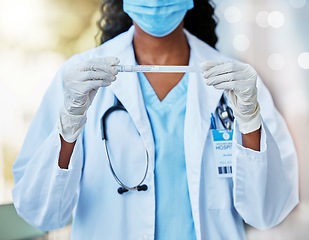 Image showing Woman, doctor and hands with test tube, mask and gloves holding covid, flu or DNA sample. Hand of female medical expert with long testing case for examination or experiment in cure for illness