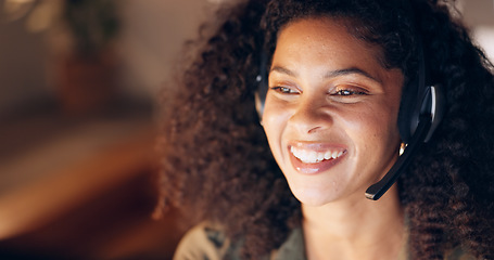 Image showing Black woman, customer support service with a smile and employee at online call center or virtual telemarketing business. Crm consultant at work, helping a faq caller and respond to contact us message