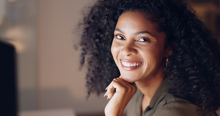 Image showing Night office computer, portrait and black woman face working, planning and marketing strategy in creative startup agency in Brazil. Smile, motivation and success of happy entrepreneur dark pc company