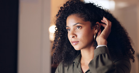 Image showing Black woman, working and business, focus and plan, work and construct corporate document in office. Young professional at desk, businesswoman and computer, connect and success with productivity.