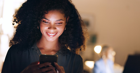 Image showing Social media, phone and happy woman typing on a dating app or website for a love connection and romance. Smile, relaxed and young woman texting, chatting and online dating in a dark night at home