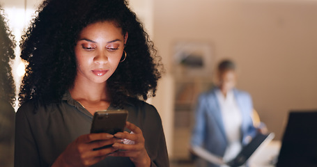 Image showing Business, phone or black woman working at night with communication, networking or technology for social media app. Employee, worker or manager on smartphone for social network, research or email send