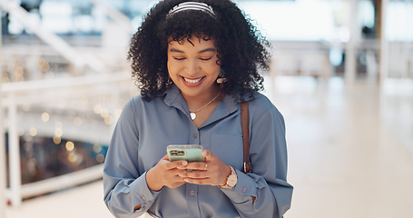 Image showing Phone, smile and black woman in a shopping mall reading social media, web and mobile internet text. Happy online communication, online shopping and mobile phone webpage sale of a woman on a app