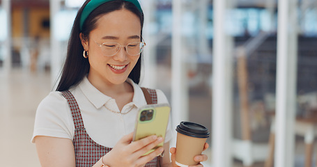 Image showing Digital marketing woman, smile and phone in workplace, social network or chat at communication startup. Asian corporate executive, smartphone or happy for app, web or social media marketing in Tokyo